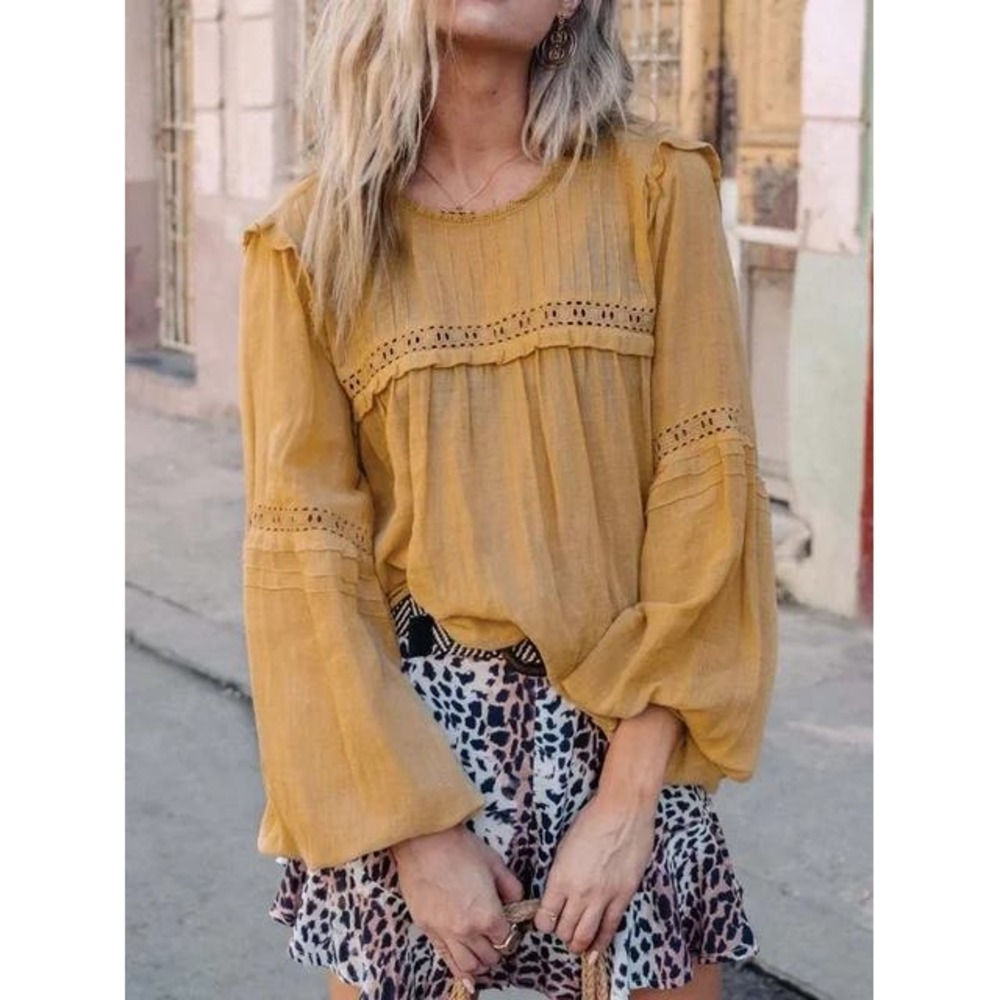 $250‎ Kivari Womens Mustard Yellow Pintuck Eyelet Ruffle Boho Peasant Blouse XS